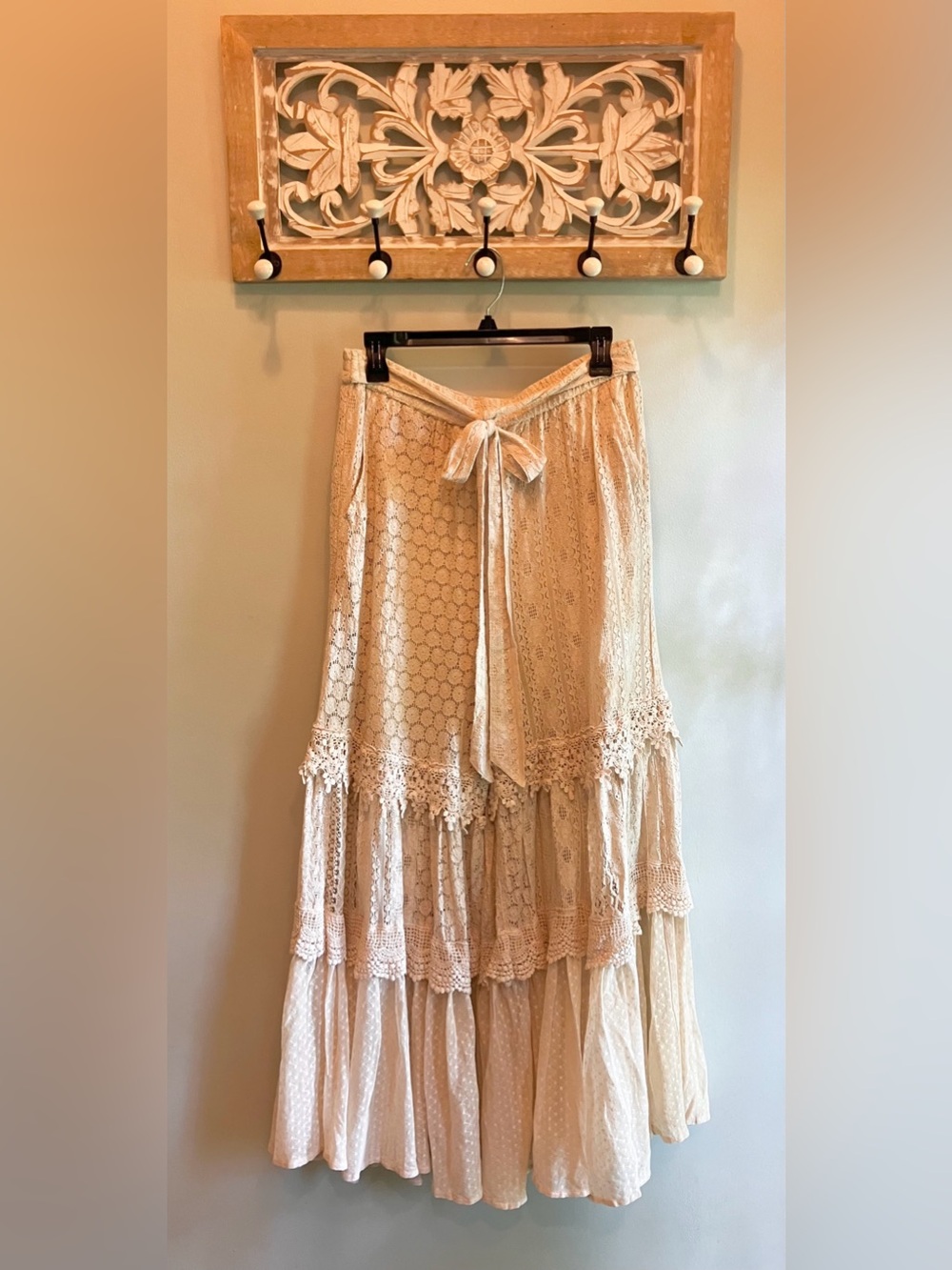 Young Threads Boho Lace Tiered Wide Leg Pants, Cream NWT Size L